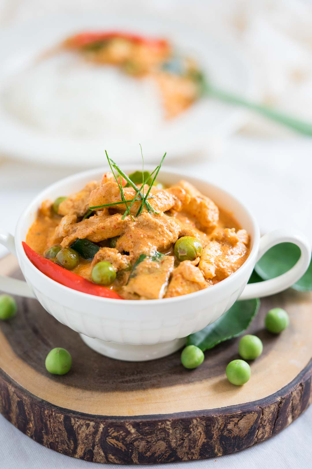 Thai chicken panang curry in a white bowl