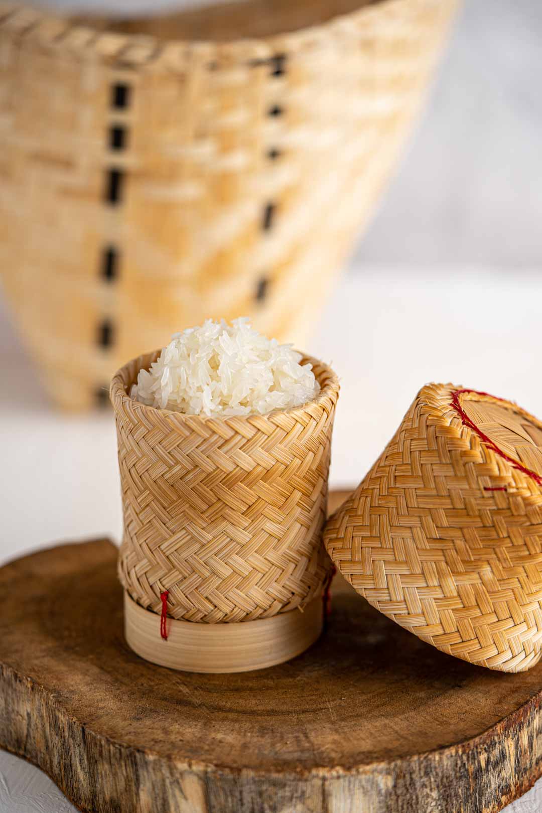 cooked Thai sticky rice in a bamboo basket