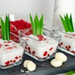 Thai red rubies dessert or tub tim krob in three glasses serving bowls