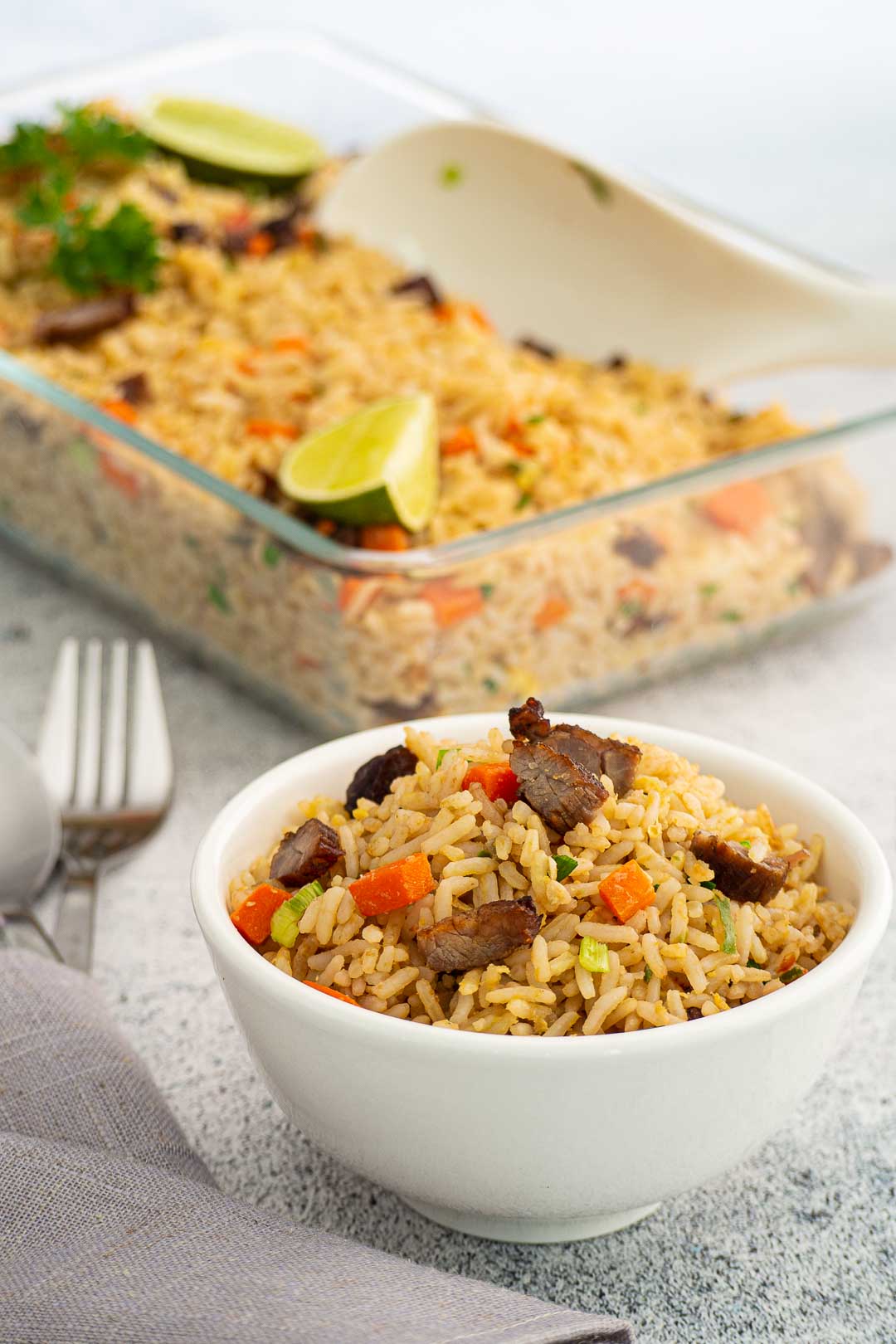 thai beef fried rice in a white bowl - khao pad neua kem