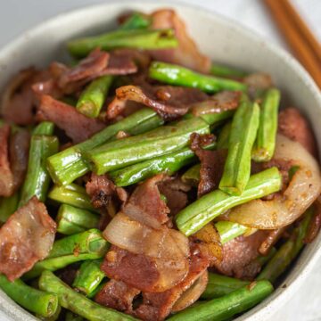 long bean garlic bacon stir fry in a bowl