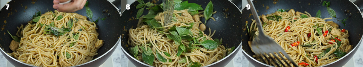 process shots of how to make green curry spaghetti
