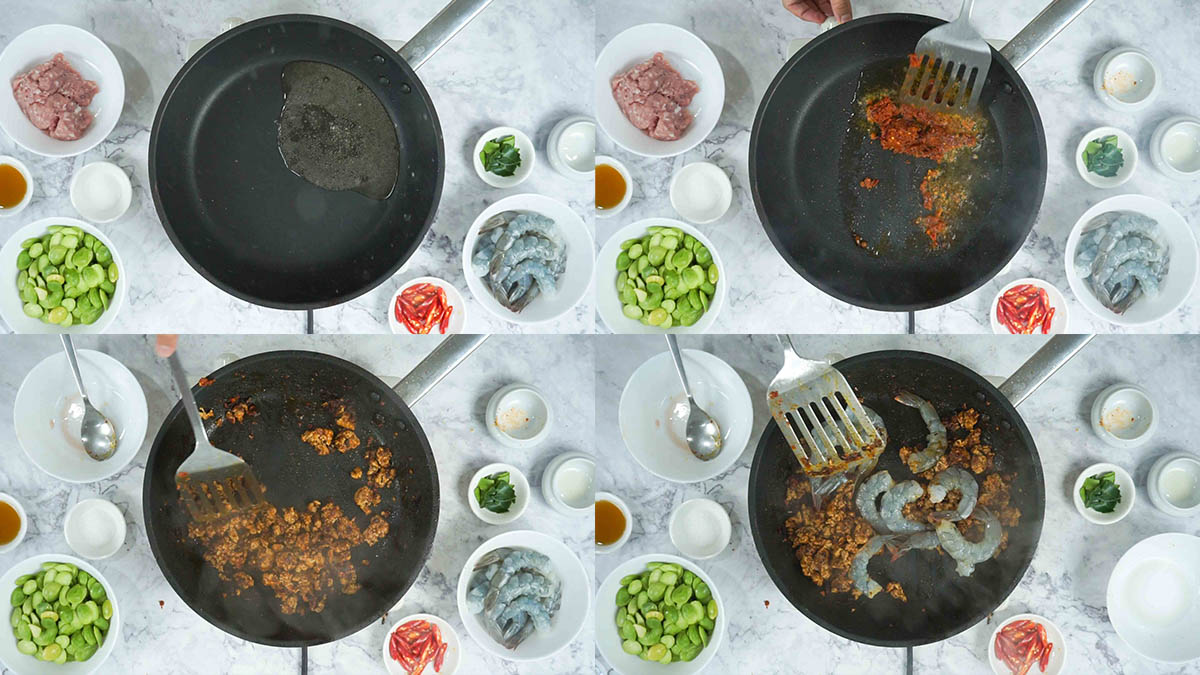 process shots of how to make Thai stir fried stink beans