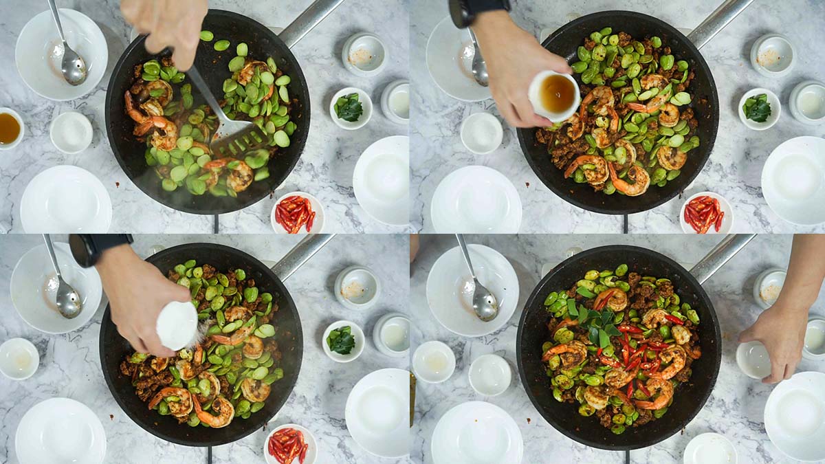 process shots of how to make Thai stir fried stink beans